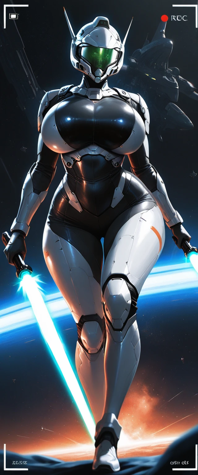 1girl, white skin, light skin, smile, light smile, blue hair, short hair, blue eyes, large breasts, breasts, wide hips, black bodysuit, bodysuit, sleeves, short sleeves, pantyhose, black pantyhose, futuristic, science-fiction, neon trim, neon, full_body, ((full body)), standing, swords, lighsaber, sword