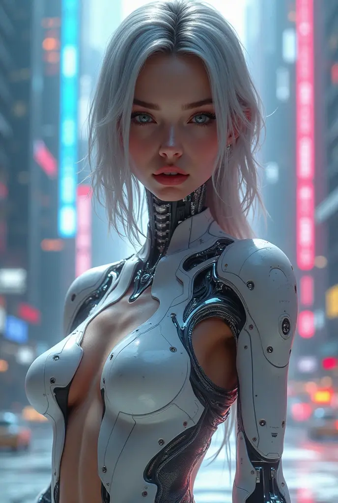 Retrofuturistic cyborg woman with neon lights ,many mechanical parts , white hair ,big , cyberpunk style,synthwave colors,another planet,robot face,terminator style,realist,very big tits