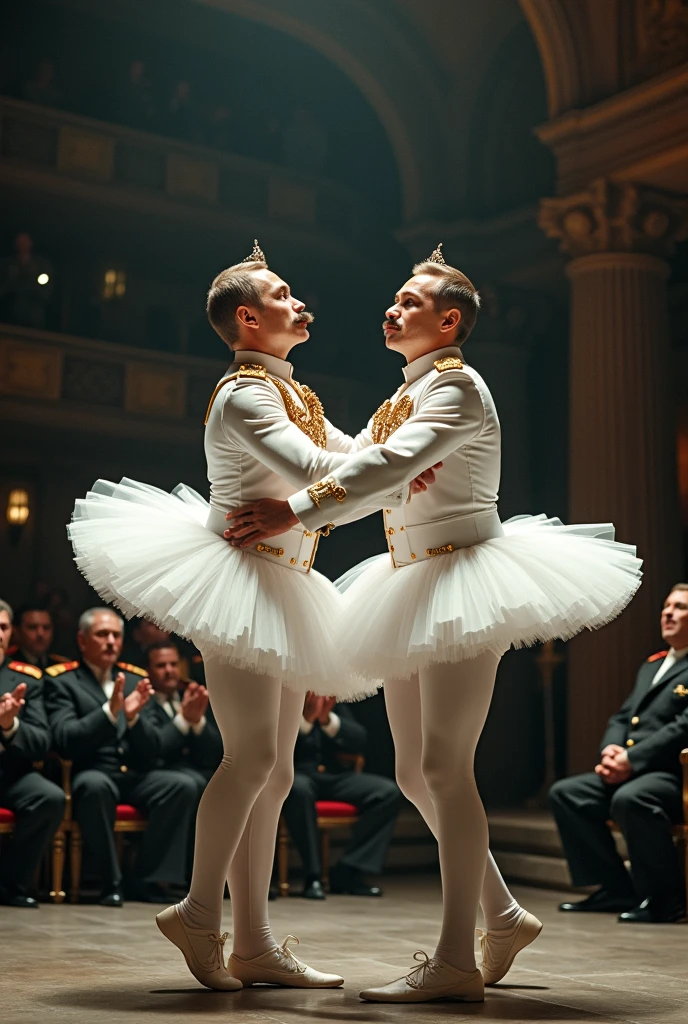 (2 male ballet dancers, nutcracker ballet, prince castrates rat king, male ballet tights, male crotch bulge, buttocks)