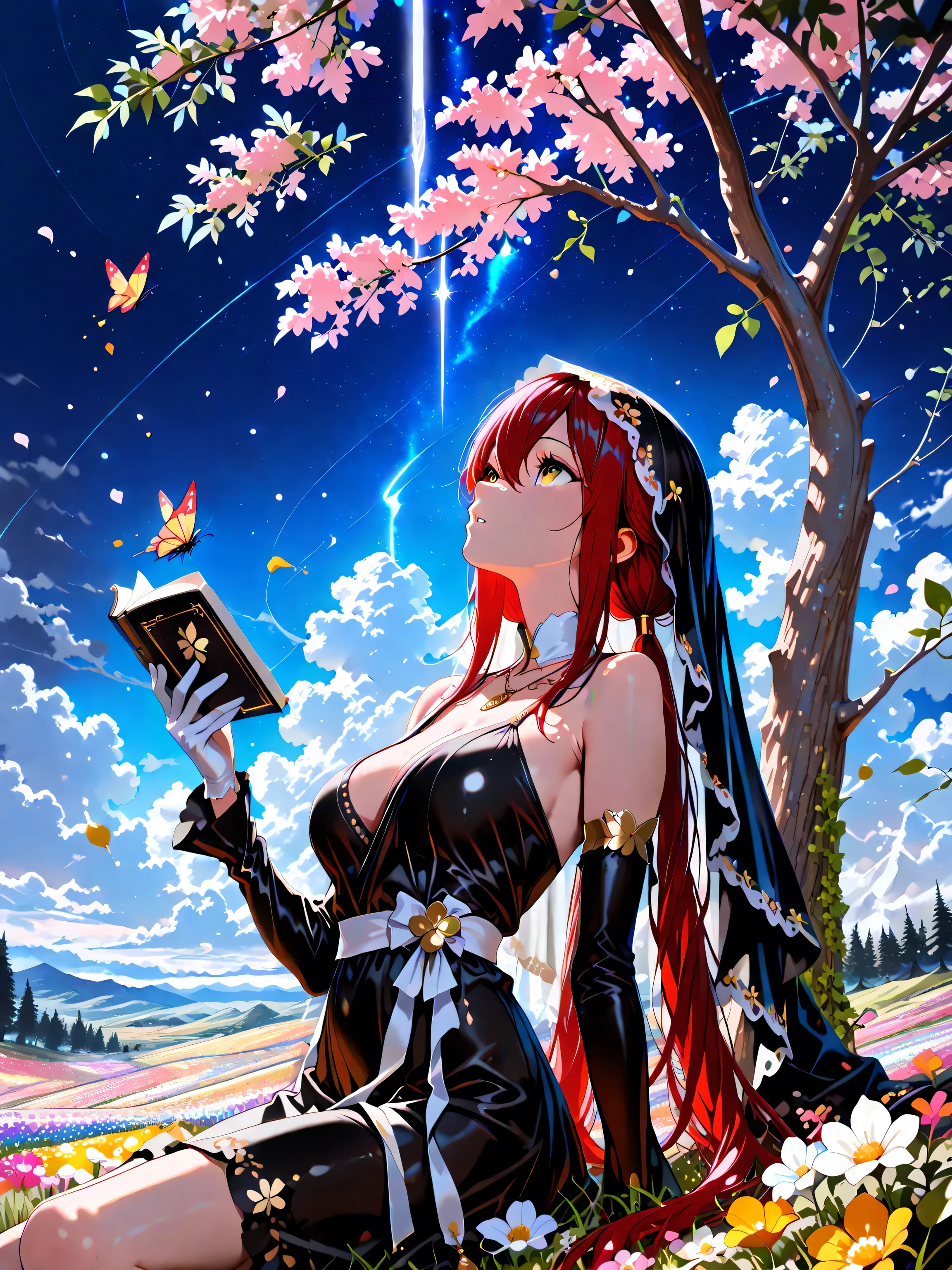 scenery, (from below, upper body, looking up, facing up, looking to the side, from side), (1 girl , golden eyes , very long hair , long sidelocks, red hair ,half updo, petite , very cute , beautiful ,Straight hair, cool, handsome, hair between eyes, sexy, mediumlarge breasts , girl lying on tree branch, knee up, hand up, one arm behind head, holding book, reading book, head tilt, parted lips, super focus), (twin tails, low twintails, long black veil, detachable white collar,  necklace, detached sleeves, white gloves, sleeveless dress, very long black dress, white sash)) , outdoors, night, grass, tall grass, flower field, colorful flower, butterfly, twisted tree, red petals flying on the air, petals, leaf, light gray theme, light gray tone, (((foggy, thick fog, ash, ash fall, leaf fall))), petals, leaf, beautiful sky, cloudy sky, (((huge silver moon))), (((cinematic light, ambient light, lighting practice))), ((many objects, masterpiece:1.2, best quality:1.2, very aesthetic:1.2, absurdres:1.2, detailed background:1.2)),  newest, contrast, ((intricate details)), (ai-generated), (best quality, extremely detailed, masterpiece, stunning details, depth, high resolution, ((highly saturated colors, high contrast, anime coloring, colorful landscape)), ((beautiful face, anime face, beautiful hair, beautiful detailed eyes),,(Realistic surreal, Mystery surrealism, Detailed textured, Vintage worn-out aesthetic, Muted earthy colors, Dramatic lighting contrasts, Atmospheric moody), Hiori Light Art, Backlight,, PEAnimeBG, Background, anime, scenery, Maximum facial details, Maximum detailed textures, Maximum detailed shadows, Maximum detailed backgrounds,