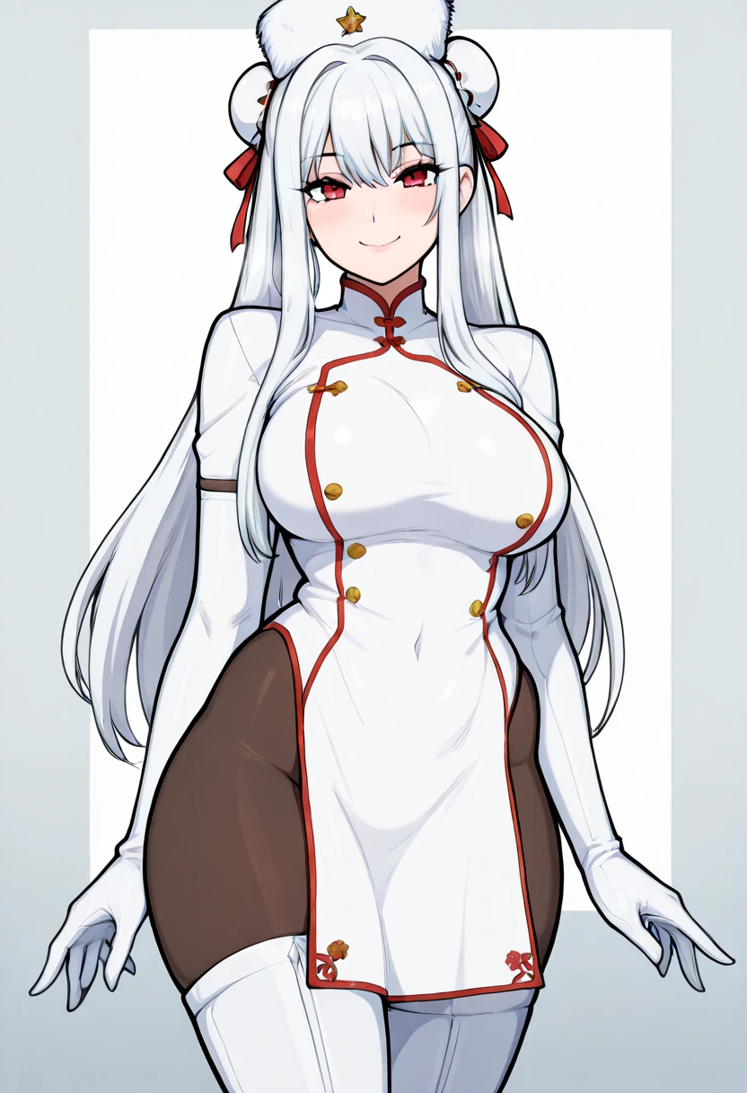 1girl, aegir \(azur lane\), azur lane \\\\\ masterpiece, best quality, very aesthetic, absurdres, newest \\\\\\ sportive body, \\\\\\ by nyantcha,,by cutesexyrobutts,by khyle ///// white hair with a single prominent red streak, black horns, yellow eyes, , white (nurse outfit:1.2), skirt, , white pencil skirt, nurse cap, , , a red cross on the cap, standing, (white background:1.2), rating general, horny smile, hands on hips