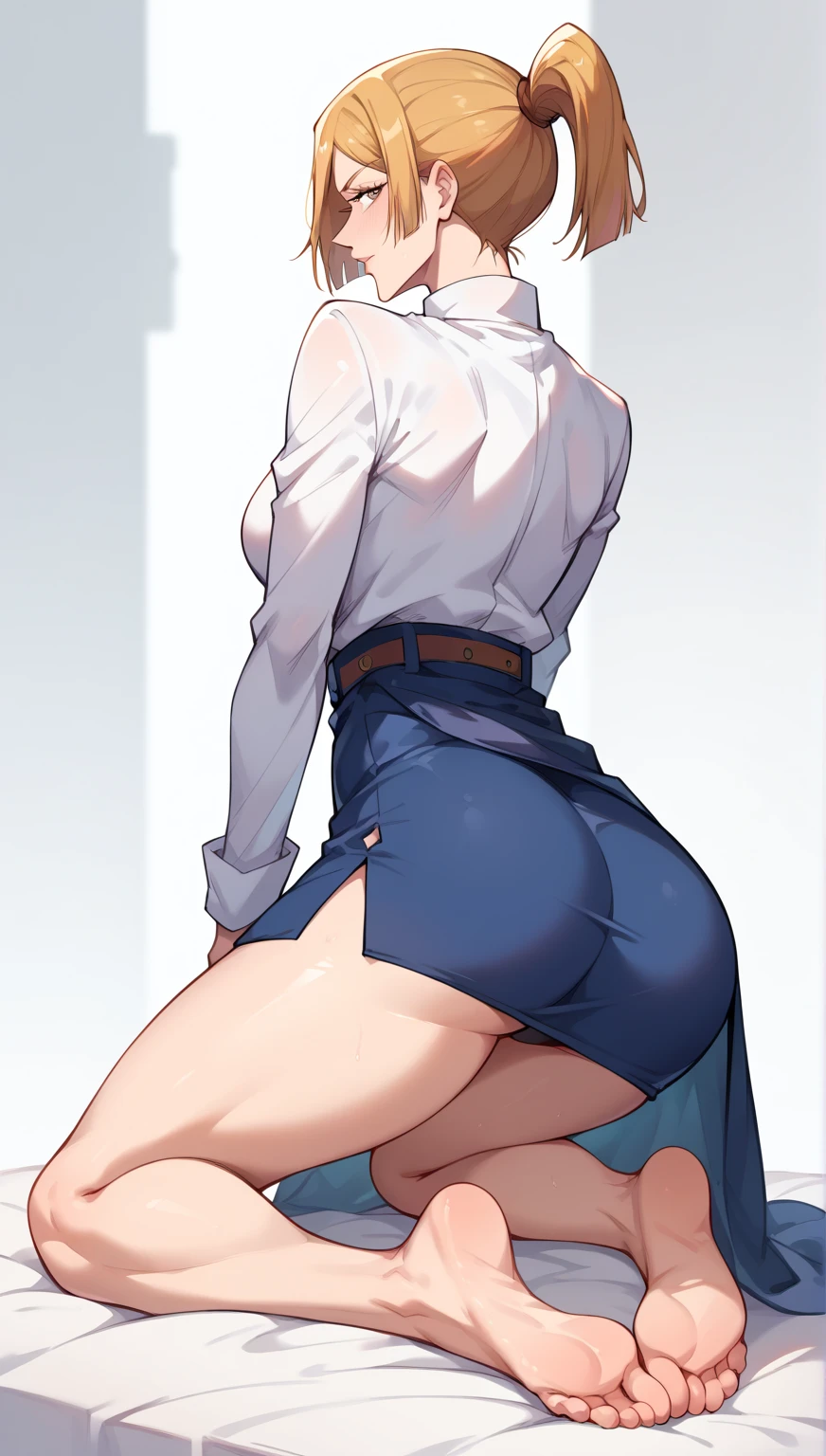 One person、masterpiece、Highest quality、Super detailed、High resolution illustrations、Improve skin quality、Increase eye appeal、Drawn in detail、Perfect body structure、Old woman、Business suit and tight skirt、Back view、look back、Lift up the skirt、Showing off plain-looking panties、Are thin、Tall、Small butt、Skin blemishes、Skin wrinkles、Aged skin、Wrinkled skin、Outdoor、Embarrassing、Shy laugh、Sweat it out、Sigh、Heat、Gray Hair、Downcast eyes、mole、Long black hair、ponytail、