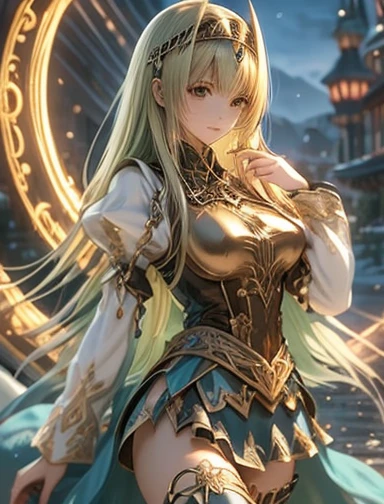 Mature woman wearing armor looking at viewer, holding a sword, (cleavage, side braids, hair strand, long hair), nipple protrusion:1.3, green grassfield background with rocky mountains, dynamic pose
