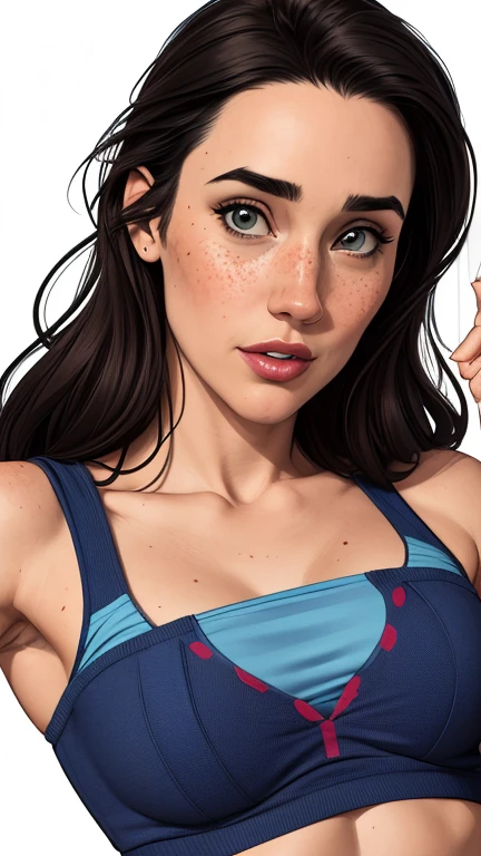 Character style illustration style Completely bare breasts showing small fear Breast size Cartoon name: Isabella Cruz white background medium breasts freckled face Jennifer Connelly actress strong contours Physical description - long straight hair, tingidos de um marrom vibrante que contrasta com sua pele clara.
- You reflect a mix of curiosity and determination.
- Ela tem uma estatura alta, with a slender and agile figure, evidenciando sua agilidade e destreza.
-fundo colorido
Design de personagens de retrato, beautiful digital illustration, retrato de alta qualidade, Arte em quadrinhos, Corpo inteiro sensualizando ou pelada. folha de retorno. folha de retorno