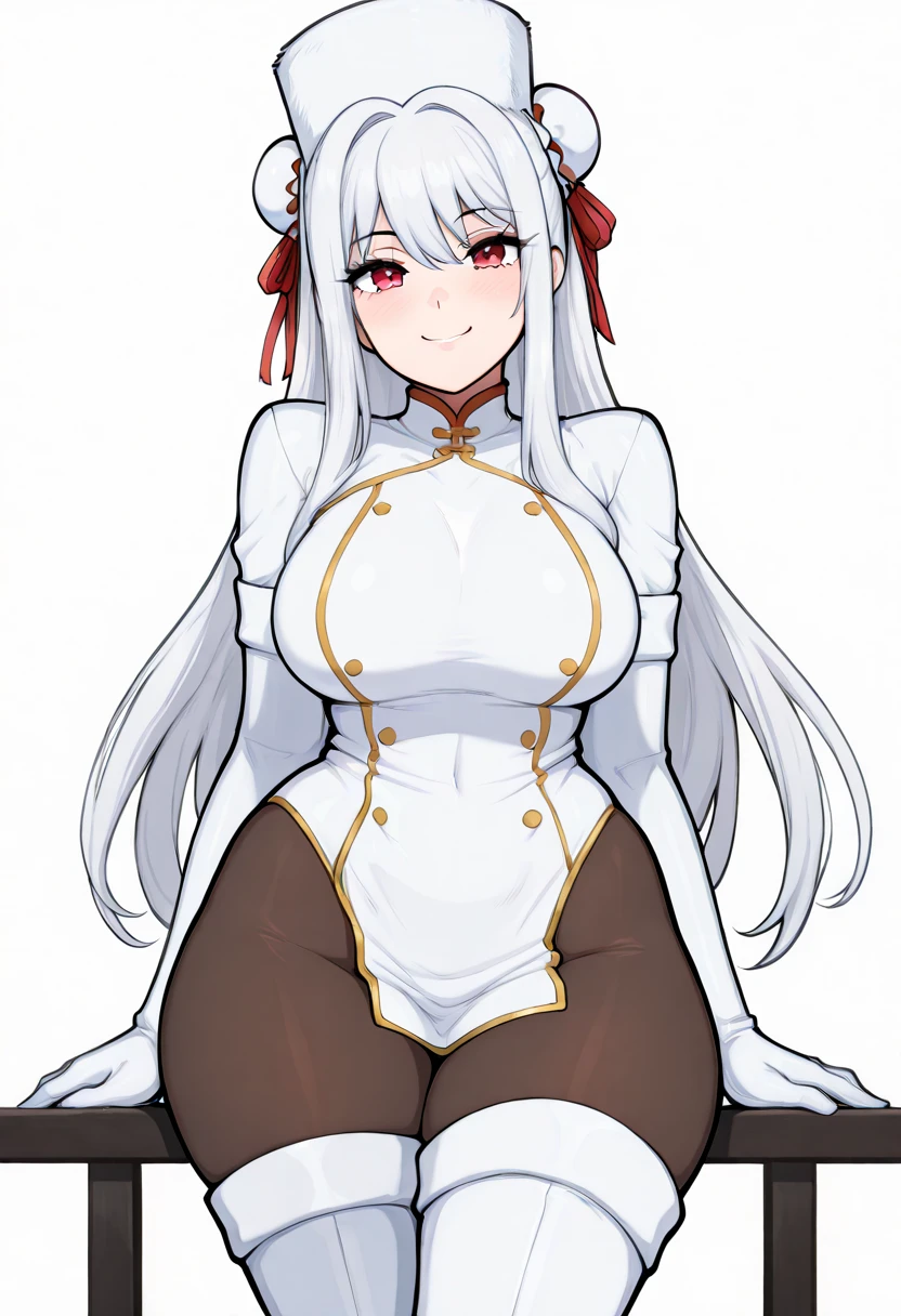 masterpiece, best quality, 1girl, adult body, large body, white hair, brown eyes, long hair, smile, mouth, lips, open, (old clothing), (80s), front view, standing, lighting, (white background), heart effect, shy, hands behind the back, big chest, thick legs, thick thighs