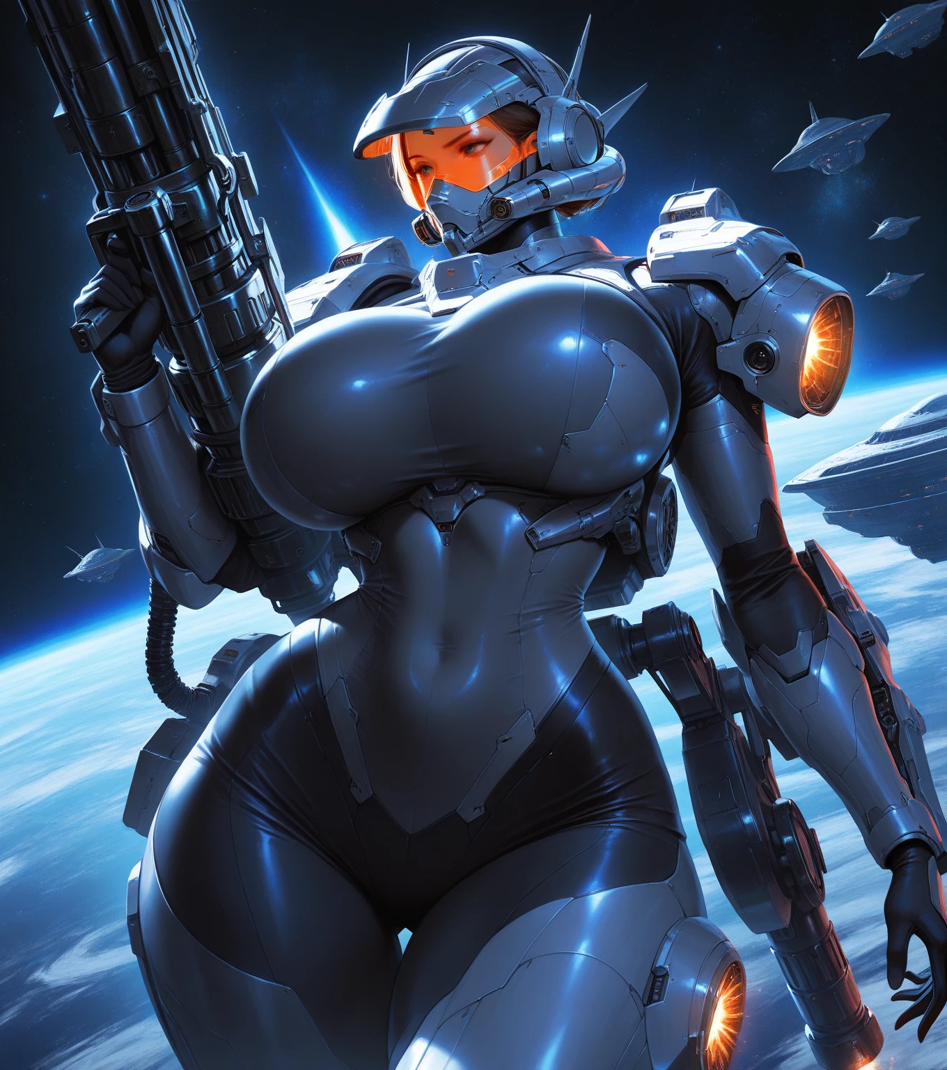 22 years old American woman, ((full body)), ((nude)), ((heavily armored space commander)), beautiful chest, standing with her legs spread apart, in her huge space ship at deep space far from the galaxy, no planet and no moon around there, fighting the huge alien space ship, milky way outside of the ship, zoom in from below