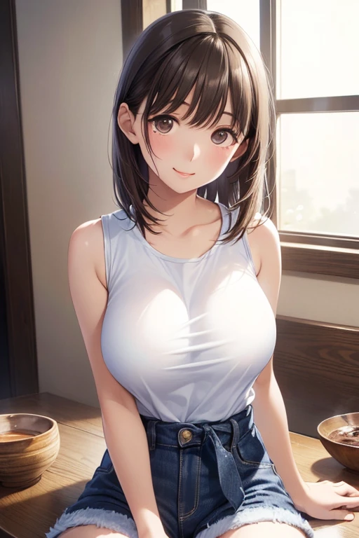 ((((Tabletop, Highest quality, High resolution)))), Extremely detailed 8K, Beautiful girl with slim body, (Ultra HD, Super detailed, Very detailed, Very realistic, Ultra-realistic, Photo Real), (One girl:1.5), Short Wavy Hair, Bobcut, (Dynamic Pose), To the camera, Light Smile, Purple eyes, (Huge boobs: 1.2), (Beautifully detailed face, Beautiful attention to detail), (White vest, Thin material), Cleavage, dark denim shorts, shine, Sweat, (Light of the sun, sunlight),naked,Exposed breasts