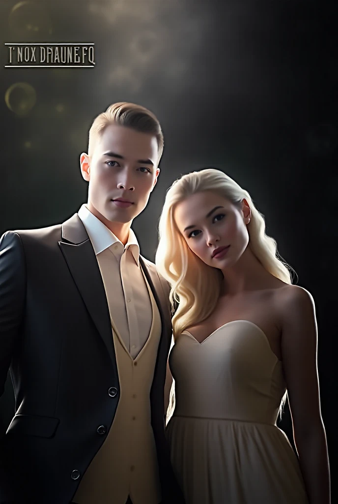 tall man, dressed in a suit, muscular, handsome man, white, black hair, next to a young woman, blonde with long hair, beautiful blue eyes, short woman and simple dress, poor woman and rich businessman, the two people together in the same image, they are in a dark room, they look at each other, but the man seems irritated, short woman, woman with long blonde hair, woman with fair skin, woman with flushed cheeks, thin and small woman, woman with submissive and innocent posture , light skin, man with black hair, woman with long blond hair, small and beautiful face, masculine and virile man, young woman and smaller in stature than the man, IMAGE IN EXTREME QUALITY, the woman does not have arms with muscles or shapers , the woman has a small face and wears a cheap dress, the man looks at the woman. the man has short hair, combed and cut into a quiff.