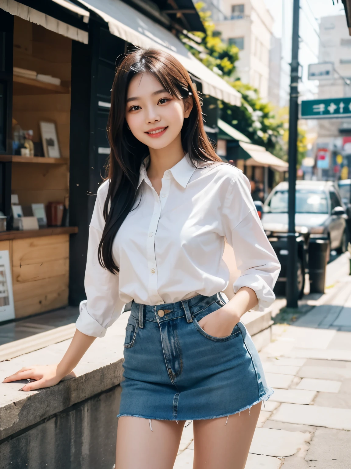 8k, best quality, masterpiece, realistic, ultra detail, photography, HDR, ROW photo, highres, absurdres, cinematic light, official art, High-definition, depth of field,
full body, beautiful legs, slender, cute face, smile, beautiful details eyes, 19years old korean, pretty, Double buns with lavender color,
, street, morning, running,