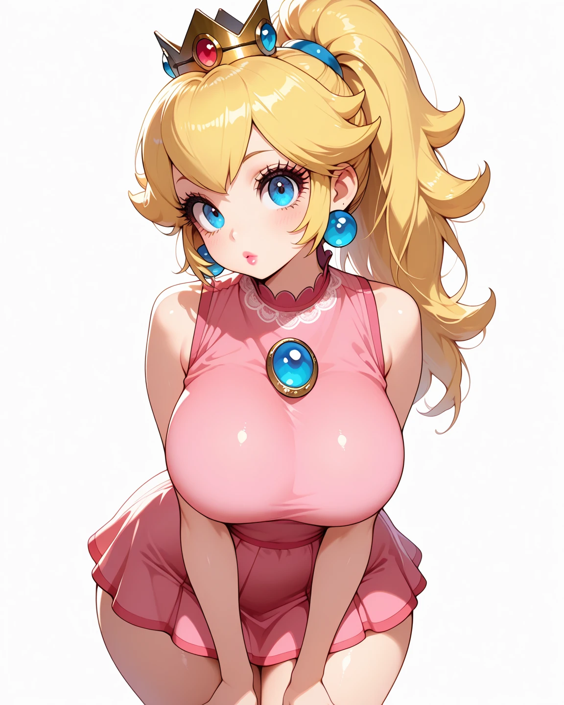 Une femme, 25 ans, mangas, cheveux longs, cheveux multicolores, details, cosplay princess peach, lingerie en cuire, super mario, nintendo, bowser castle