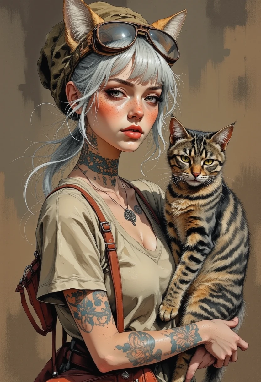A very young girl-punk with ash-white hair, 0 years, of European appearance, with expressive features and noticeable freckles. Incredibly beautiful almond-shaped eyes of light green color with fluffy eyelashes are arrogantly narrowed. The lips are plump and sensual, painted with beige  lipstick with gloss. The chin is slightly raised. She looks down at the viewer haughtily. The girl is wearing a light brown or beige tight-fitting T-shirt with lots of tattoos on her neck,  and shoulders, mostly in blue and orange colors. On the girl's head is a stylized olive-colored beanie hat with cat ears. Large steampunk glasses are worn on top of the hat. She also has a red pouch or sling on her . In her arms she holds a gray-red striped cute cat. The cat looks straight ahead with green eyes. The overall impression is photorealistic digital art, fashionable, daring, with detailed images of tattoos and accessories.Weightless tiny round and transparent drops of water float in the air. The main composition of the art is complemented by relaxed lines and strokes. The color palette is dominated by warm browns, beiges, grays, and reds. The background is a dark gray-beige, slightly darker than the main character. The light falls from the front and right, highlighting the details and texture of skin, hair, and tattoos, creating a distinct three-dimensional space. The girl is in the center of the frame, and the cat is in the center of the left part of the frame. The composition focuses on the girl's face and her interaction with the cat.
