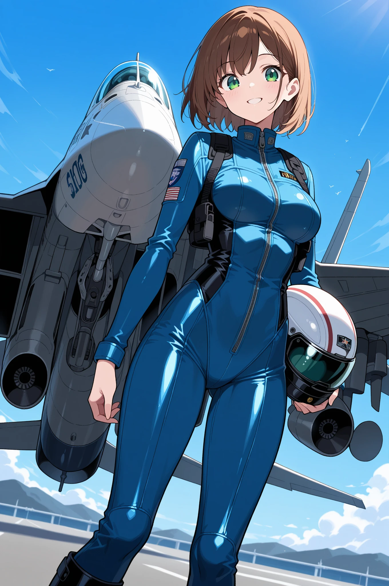 score_9_up, score_8_up, score_7_up, 1girl, solo, source_anime, hourglass figure, Big breasts, kemonomimi, bear ears, brown hair, short hair, messy_hair, blue eyes BREAK freckles, blue jumpsuit BREAK smile, Open mouth, Cleavage, :D, background sky, cloudy sky, blue sky, landscape, airplane, black gloves, flight goggles, standing, looking at viewer