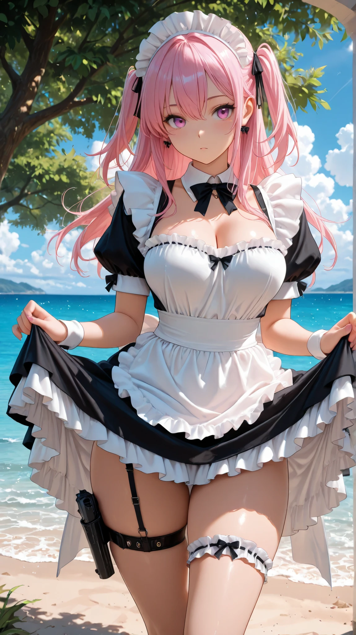 1 girl, game CG, black string bikini with sleeveless frills, cleavage visible, navel visible, maid's hair accessory, maid's small apron, gigantic breasts, pink hair, long hair, low twintails, princess hairstyle, ahoge, pink eyes, sea, sandy beach, trees, joy,