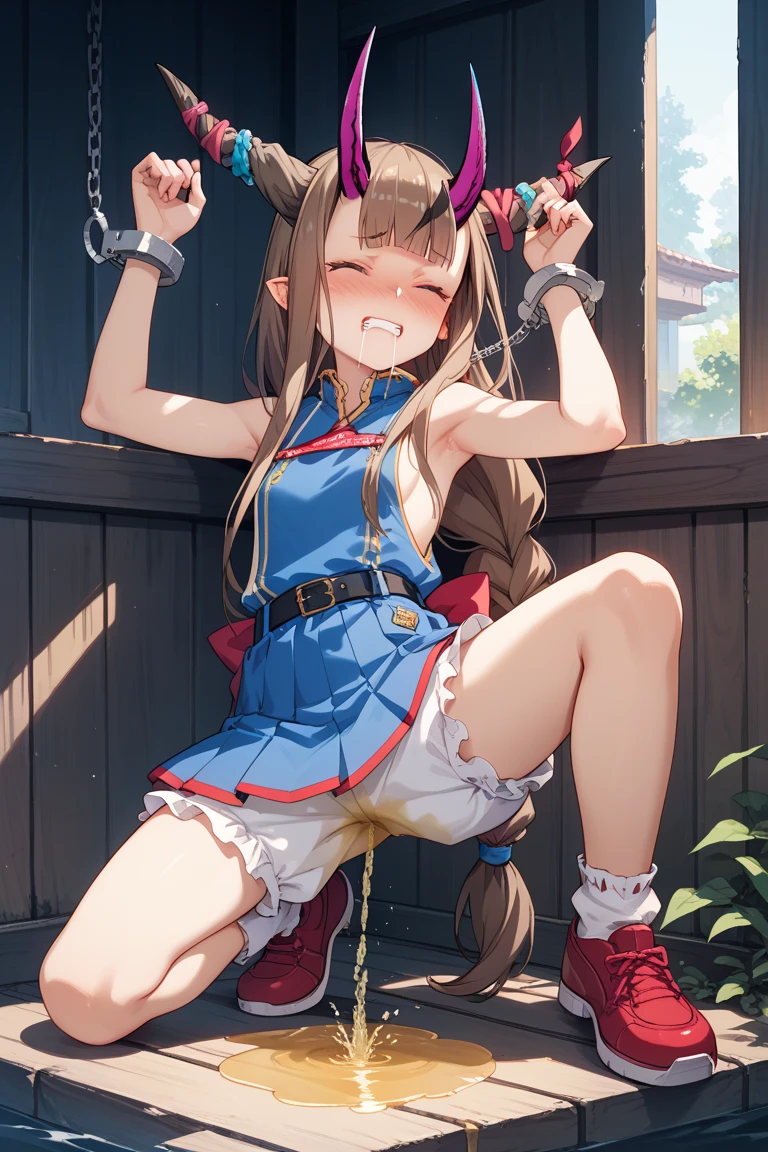 nsfw, best quality, extream detailed, girl (,14 ysoner:1.3), (flat chest:1.1), white camisole dress, silver hair, ponytail, Primary Blue eyes, (SM Torture Rack), , torture rack, girl sitting in a torture rack, arms behind head, handcuffs screwed to the torture rack, (M-shaped, spread legs:1.3), blush, sweaty body, (scared, frightened, embarrassed:1.3), (tear), closed mouth, (dungeon Background:1.5), (full body, panty focus:1.3),