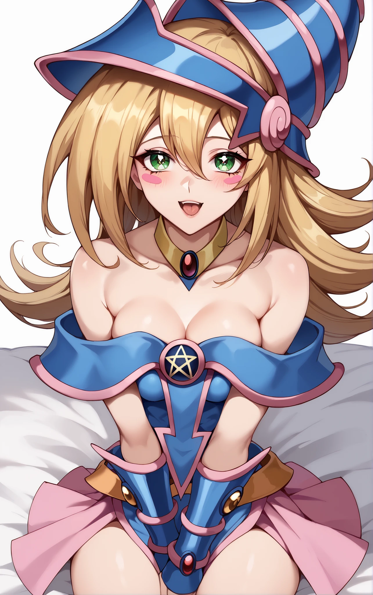 Black Magician Girl、super breasts、thick thighs、blonde hair、magic circle、8K, 4k, highest quality, High resolution: 1.2),winking、One breast exposed、cute anime face、Pink blush on cheeks、