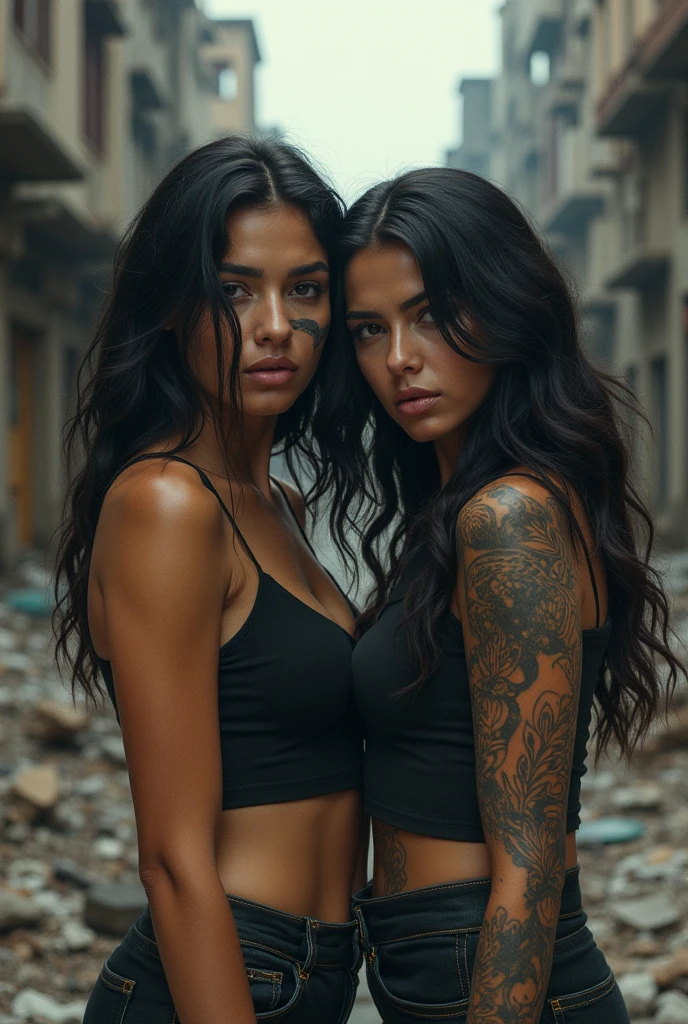 full body photo of two dark-skinned tattooed young women, twins, with long hair and brown eyes, dressed only in a short white net dress, they are standing in front of a torch-lit Mexican pyramid