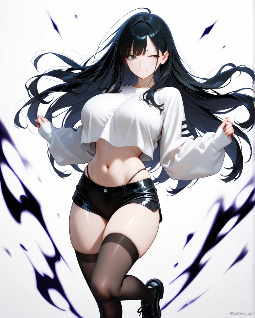 Teenage girl ((White skin)) ((purple eyes)) ((long hair, emo on one eye)) ((black hair)) ((Shy and blushing)) ((small breasts)) ((considerable hips)) ((lying in bed with the shirt slightly raised showing the abdomen)) ((slightly revealing skirt showing thighs)) ((expression of lust and excitement))