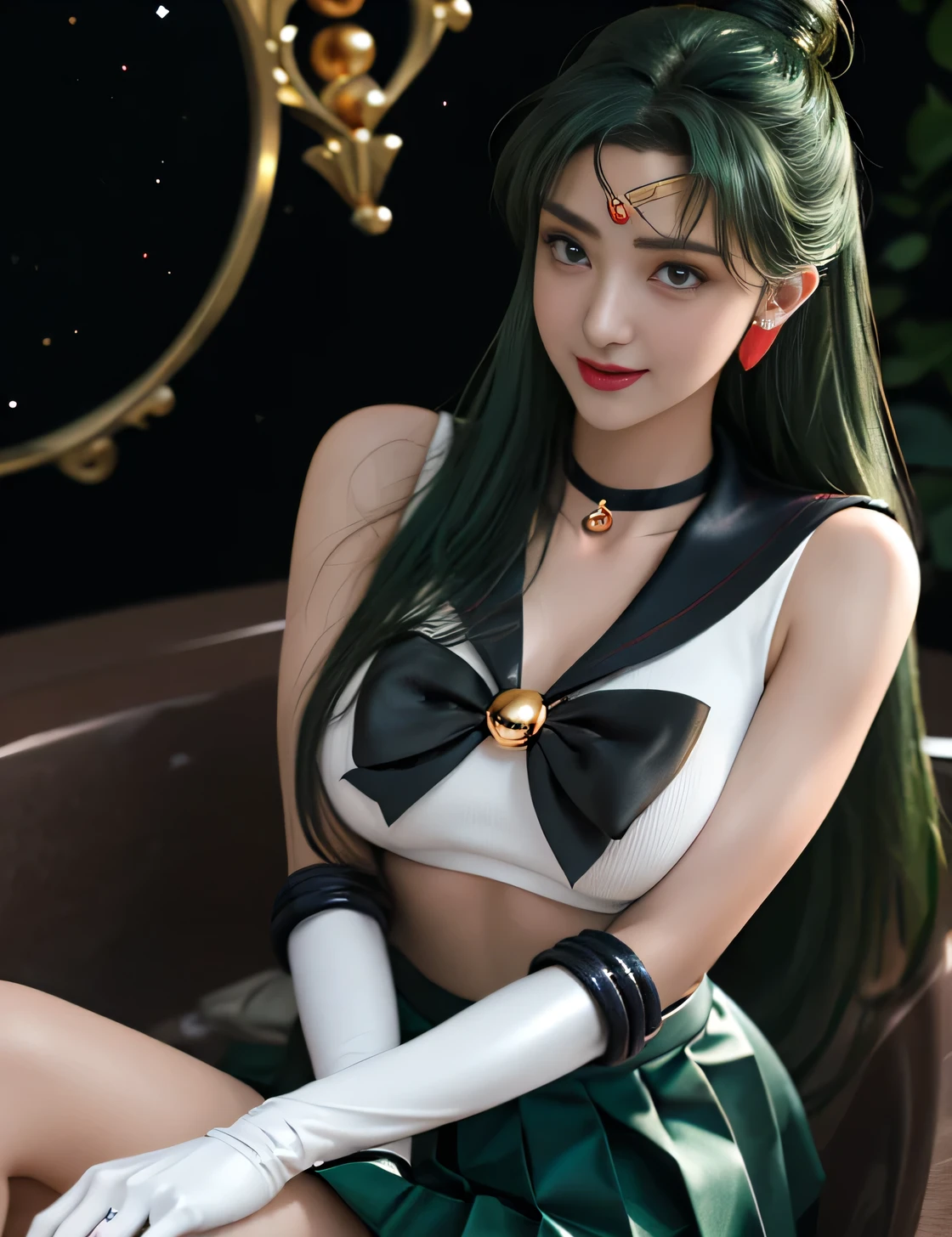 Ful:1. Hands on knees, ((shy smiling flirting)) 、De baixo、((battle stance))、SEXY Model Dynamic Pose、dynamic nail、propriedade_Uma equipe,((pele escura:1.5)),(maternal,housewife,1 female,)、40 anos、obra prima、..3d、realisitic、Ultra Micro Photography、superior quality bathtub、Ultra detailed CG unity 8k wallpapers、(sailor pluto,Single Pan Hair Tiara Uniform Sailor Senshie Gloves Skirt),((Sailor Pluto uniform,SetsunaMeiou, Luxurious golden tiara on the forehead:1.4、Mini black pleated metallic skirt:1.2、Huge dark brown bow on the chest:1.3、Black gloves on the elbows:1.1、Large black collar、Red brooch,Luxury Gold Decoration,Key Chase Accessories at the waist))、intricate details、((single ponytail,Incredibly long very long green hair:1.hiny beautiful straight long very long green hair:1.2)),(red-eyed,cabelo_bom, Meishaonv)、(Uniforme Sailor Senshi、bare arms:1.2、Mangas,Long white latex gloves with luxurious golden decoration:1.3、very large dark brown bow behind the waist:1.1、 Sexy and boldly large neckline、Gold ring shaped earrings,Knee-length long boots in glossy black with luxurious gold décor), (Hmjupiter,horse-tail, Tiarra, jewelries, Uniforme Sailor Senshi, Gargantilha, Elbow Woods, ),I have a giant key wand,(Slim Fitted High Gloss Silver-White Holographic Leather:1.3,Silver and sexy white gravette high-leg swim dress)、 ((very pretty face、Face Details:1.5、Beautiful expression of glowing red eyes、Olhos belos、glowing eyes trees、thin lips:1.3、thin, sharp, pale eyebrows,、long dark eyelashes、Double eyelashes))、Luxurious huge white winguscular muscles:1.2、 muscular abs:1.2、、huge breasts 、big woman,alto,Perfect tall and glamorous proportions、thick thighs,big ass,Visible Pore、perfect hand:1.5、highly dramatic picture、Strong natural light、perfect sunlight and shadow、Lightning space background galaxy, dinámic pose, dinámic camera angles