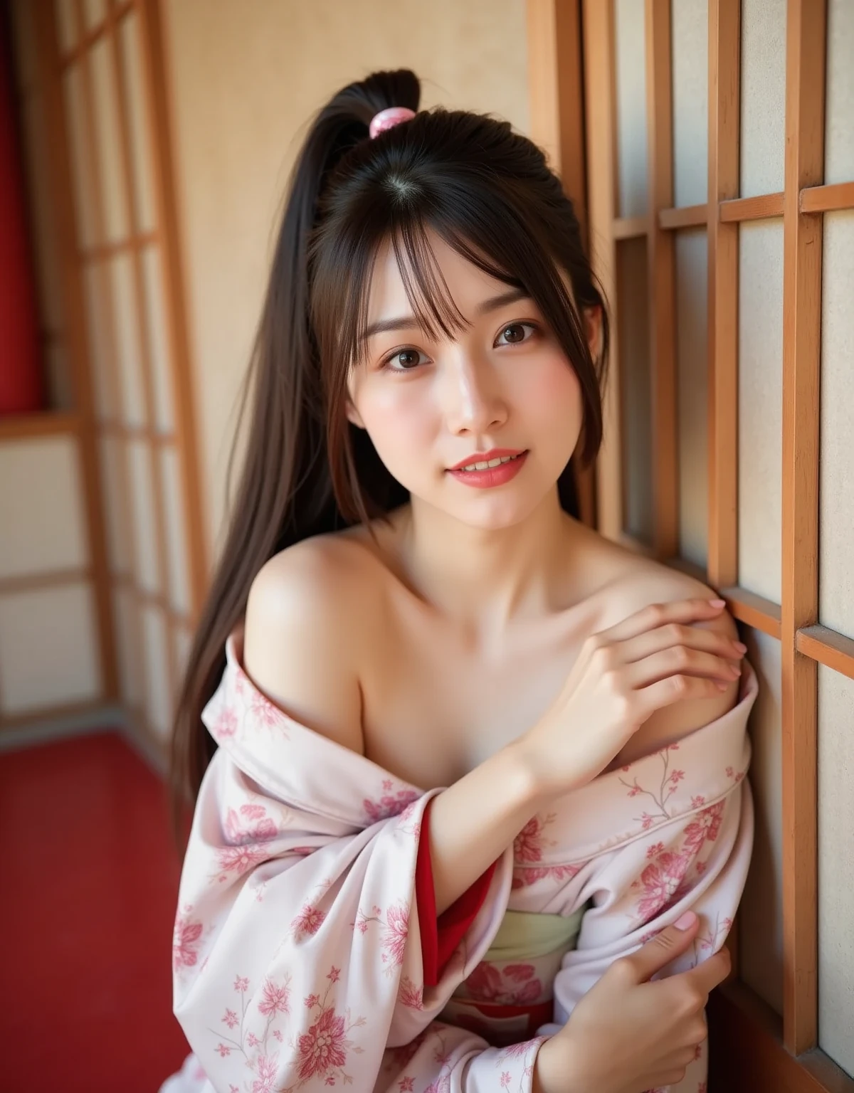 A very cute face like an idol、like々A 19-year-old woman with a cute face、Gentle and cute、A kind smile、(((Japanese Yukata)))、Sitting on a festival bench、Cleavage、(Full body portrait)、RAW Photos、Genuine、High resolution