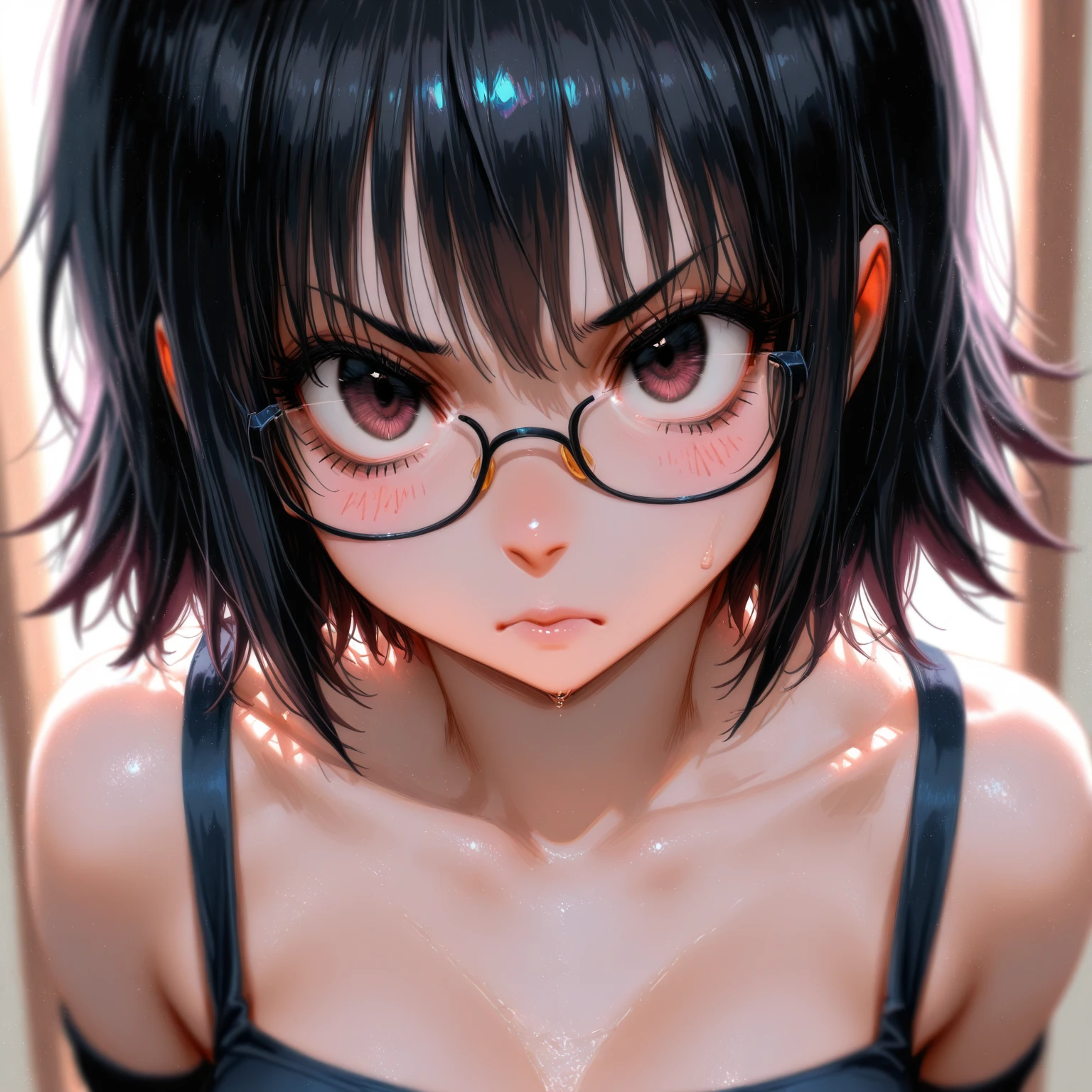 Erotic、Bedroom、Completely naked、slender、Very white skin A girl about 10 years old、Glasses、Black Hair、Sweat、Expressionless、Close-up of face child Small Big eyes Small breasts