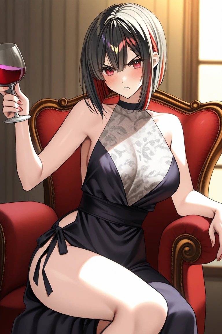 score_9, score_8_up, score_7_up, 1girl, solo,Yor_Briar, red_eyes, black hair, long_hair, single_hair_bun, sidelocks, medium_breasts, gold_hairband, hair_flower, earrings, strapless_dress, black_dress, fingerless_gloves, black_thighhighs, bare_shoulders, standing, (drinking:1.2), holding a wine cup, wine, closed eyes,smiling, looking at you, ballroom