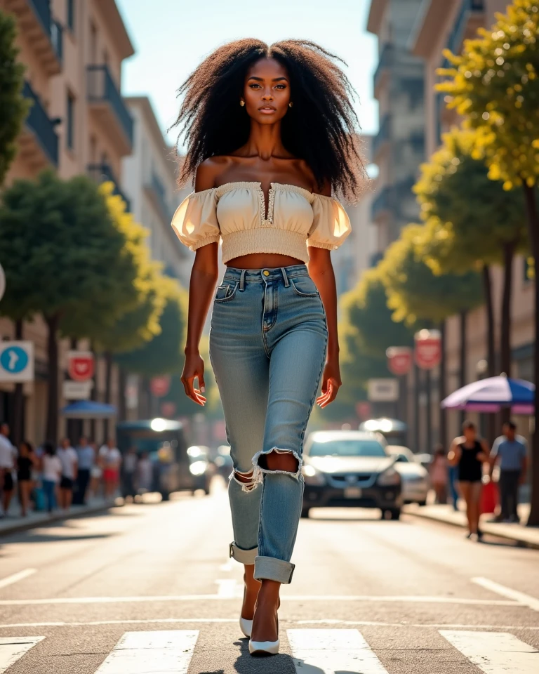 street girl, modern style dress, blue top dress without bra underneath, jeans with rip, with curly brown hair, mulatto skin, a tribal tattoo on the arm, black eyes, ((full body)), ((perfect face)),((perfect iris eyes)), walking in the city by day, on street with some cars and walls with graffiti art, Social realism, Realism, ray tracing, reflection light, high quality, high details, super detail, 8k, 16k, best quality