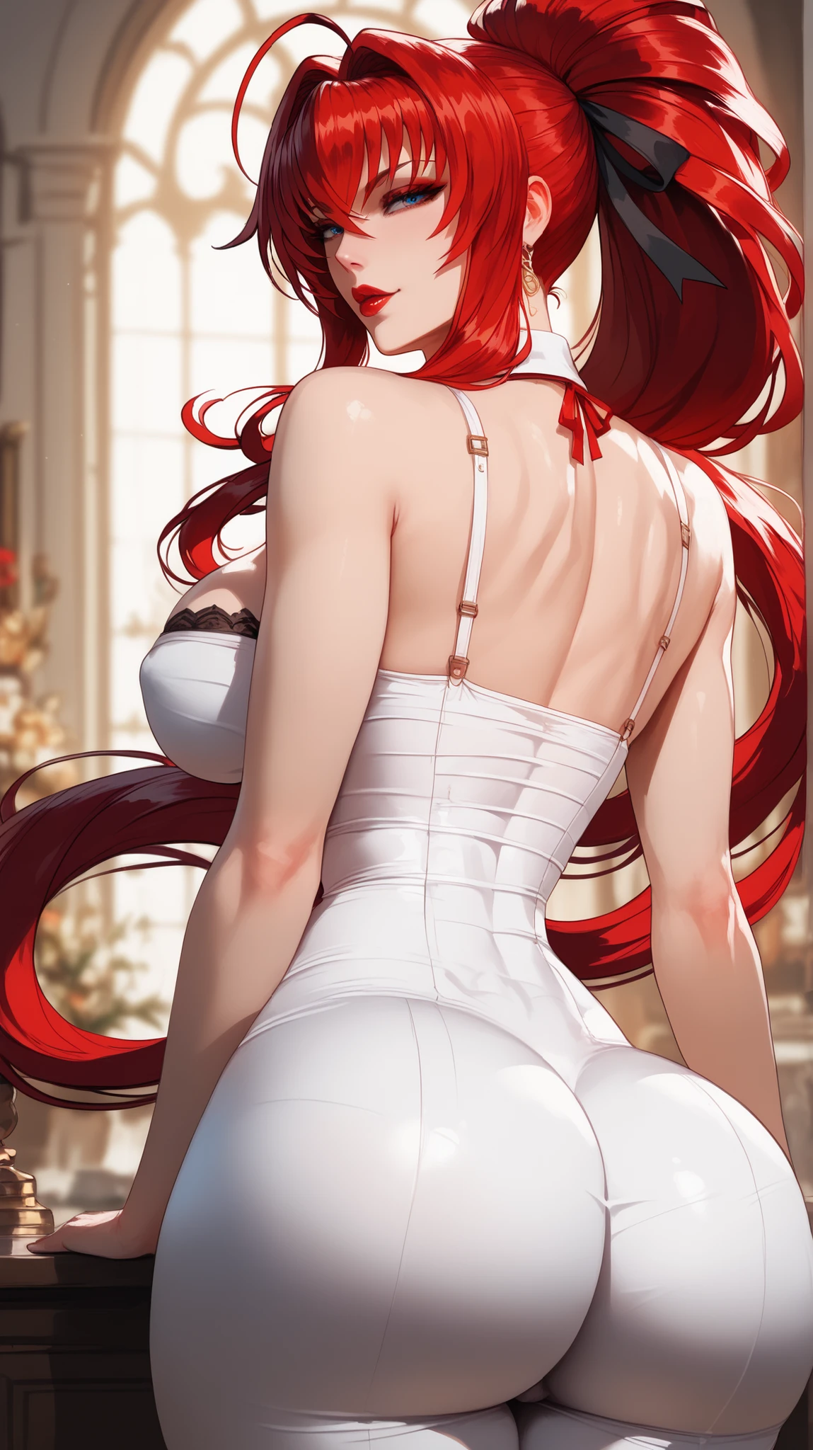 Masterpiece, Best Quality, hight resolution, fairytale, 1girl, hairlong, red hair, pony tail, white ribbon, hair above one eye, Brown eyes, large breasts, Sarashi's chest, bandage, Red Hakama, wide thighs, big butt, red pants, Cowboy shot, Indoors, Standing, epic pose, Erotica, the wind, seen from behind