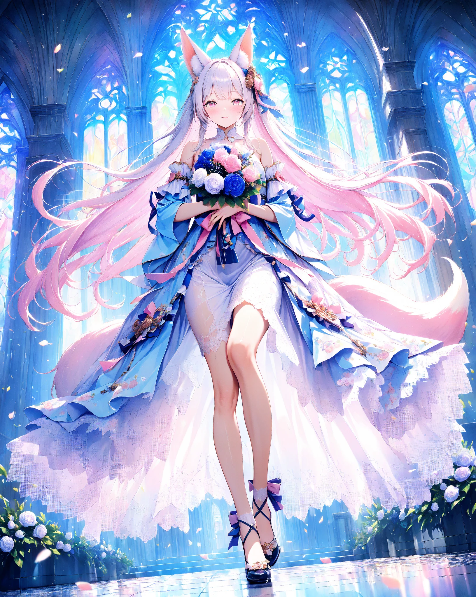 quality: masterpiece, ultra-detailed, ultra-quality, super-resolution, detailed-background,Photorealistic,
theme: from front,(Demon Fox):1.5, Walk,detailed-skin-texture:1.3, (full-face blush):1.2,(seductive smile):1.4,vivid eyes like being sucked in, look at viewer, delicate and moisturized lips , (shiny platinum-colored hair with detailed depictions one by one):1.2, Smooth silky texture, flowing like it flutters in the wind, Natural shadows and highlights, (Realistic fox ears):1.2, (Bushy Fox Tail):1.2, (Fox's Tail Peeking Out of a Kimono):1.2, Natural and graceful hand pose:1.3, hand based on realistic human body structure:1.3, transparent fingertips that feel like they are being sucked in:1.2, Clearly defined joints:1.2,Detailed expression of the fingers:1.2,Smooth and curvaceous body lines, Graceful knee lines, Natural and beautiful leg lines, Delicate body contours, (holds a velvet-textured rose bouquet with both hands):1.6,(Bouquet with a mix of large pastel pink、lavender、light blue、and white roses):1.5,soft green foliage,tied with a pastel pink ribbon,
costume: (Rococo dress):1.5,(pastel pink and blue silk gown):1.6,wide pannier skirt:1.4,fitted bodice:1.3,elbow-length sleeves with lace frills:1.3,lots of ruffles, ribbons, and bows:1.4,intricate lace trim and floral embroidery:1.3,realistic-fabric, intricate-details, detailed-folds,period appropriate shoes:1.1,
background: Italian church interior, large stained glass windows, soft light filtering through colorful glass, creating patterns on the floor, detailed architecture, high ceilings, dramatic angle, pastel colors, cinematic lighting,
Style: pastel style, detailed anime style, cinematic lighting, volumetric lighting, ray tracing, depth of field, dramatic angle,