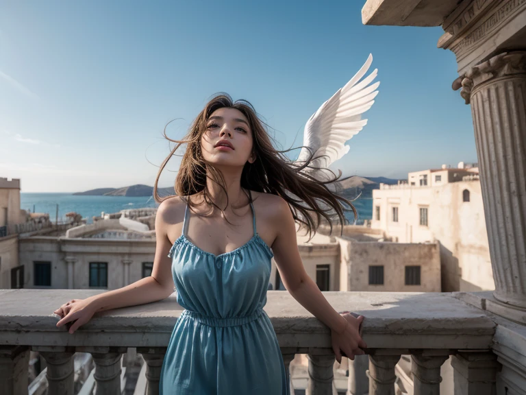 The Ancient City, Ancient cityscape, Realistic painting of the complex, Ancient Marble City, Ancient architecture, in the background there are angels with wings in white clothes and looking at the city walking around the square in front of the city