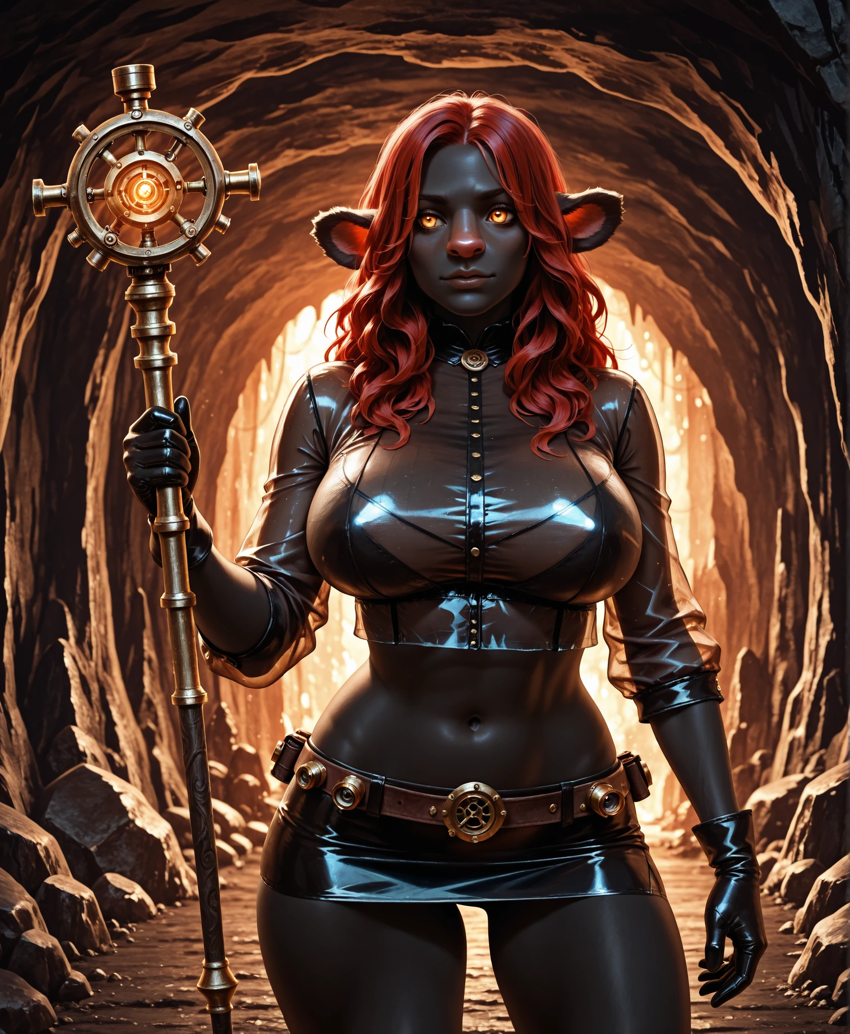  Firbolg,solo, dnd race,deep black leather, red hair, long hair, Firbolg, fluffy, big nose, animal ears, yellow eyes, deep Black  fur, animal ears,Firbolg, deep black skin, standing, perfect eyes, very large breasts, massive breasts,  navel, steampunk,  transparent holographic crop top, transparent  Holographic  very micro Skirt  ,staff in hand,  extreme detailing, hyperrealism, cave , steampunk, hdr, 8k  