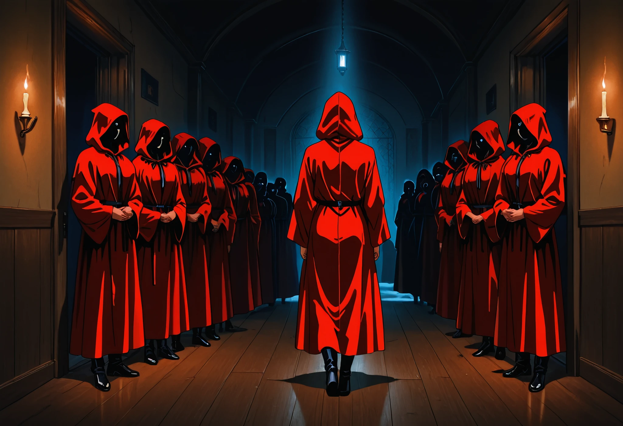 Point of view shot from the perspective of a terrified age girl lying in bed at night, around her shadowy figures in red robes stand silently in dim candlelight, (group of hooded people), men and women, their hoods hiding their faces, their hands are clasped or raised in ritualistic gestures, The room feels cold and oppressive, with flickering shadows on the walls and faint symbols drawn on the floor, occult horror style, deep chiaroscuro lighting, eerie atmosphere, hyper-detailed textures, masterpiece,best quality,amazing quality,90s_anime_aesthetic, 1990s (style), retro