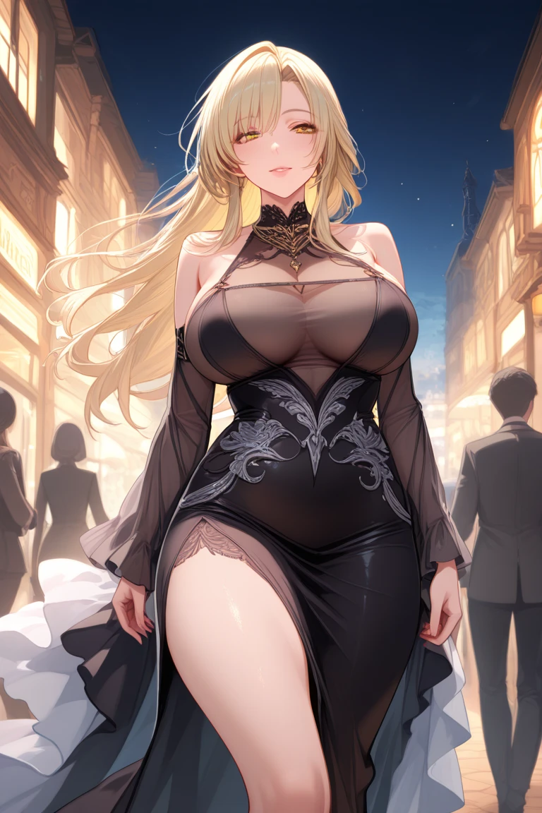 anime, ultra detailed, hyper detailed, best quality, highres, 4K, master piece, 1 female, 28-year-old, Navia, sexy lingerie, gigantic, huge breast, France city, crowded, accompanied by female bodyguards