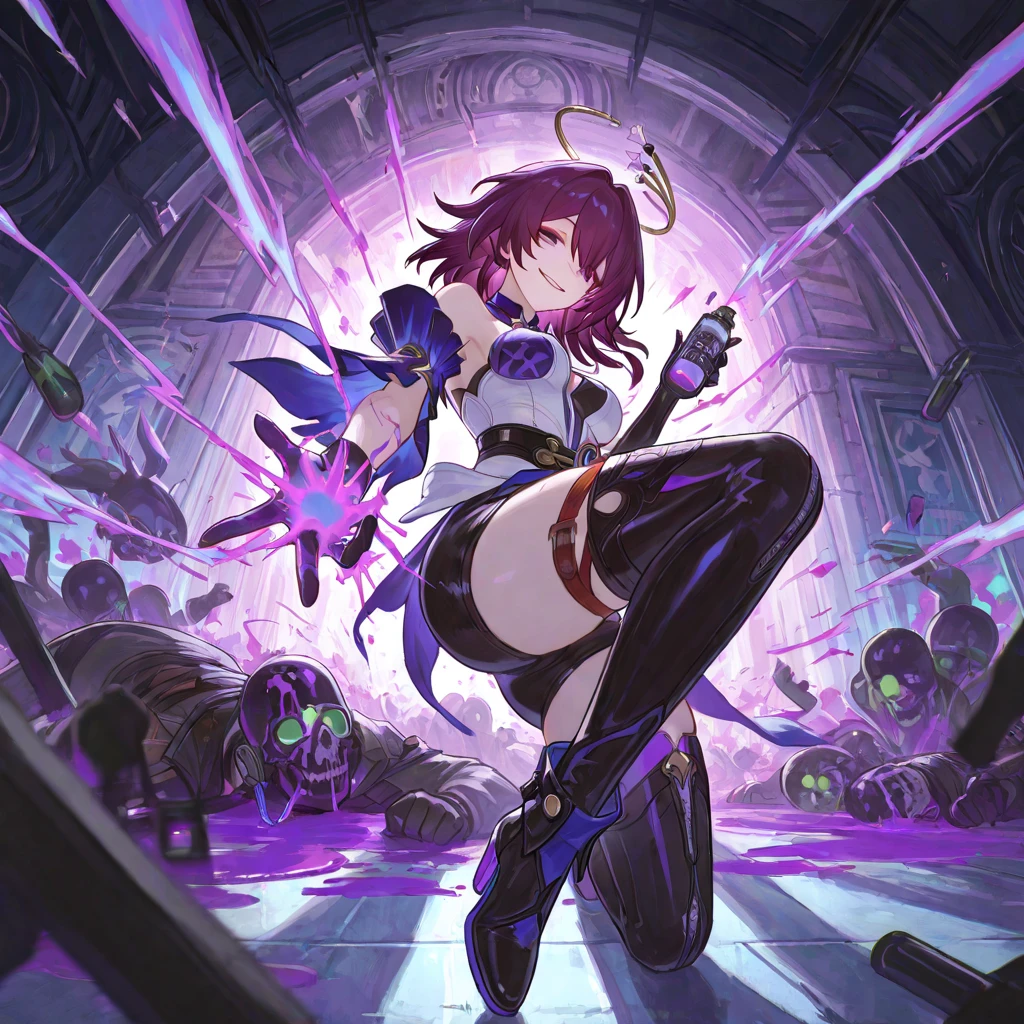 1 beautiful girl,alone,real anime、3D、masterpiece、19 years old,angry face,open your mouth,(((woman&#39;s face))),big breasts、cleavage、Purple armor,purple hair,long hair、ponytail、blue eyes,burning body,(((Flying in the sky at high speed with an extremely forward leaning posture、Coming to the viewer))),(((Attack with a purple magic ball)))