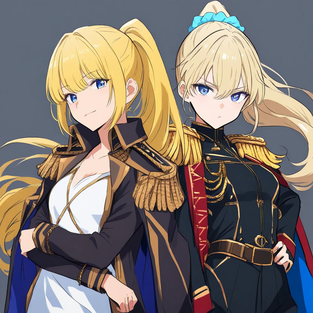 anime woman detailed victorian white military dress, blonde hair, blue eyes, oversize, detailed, character design sheet, high reels, different poses, different angles