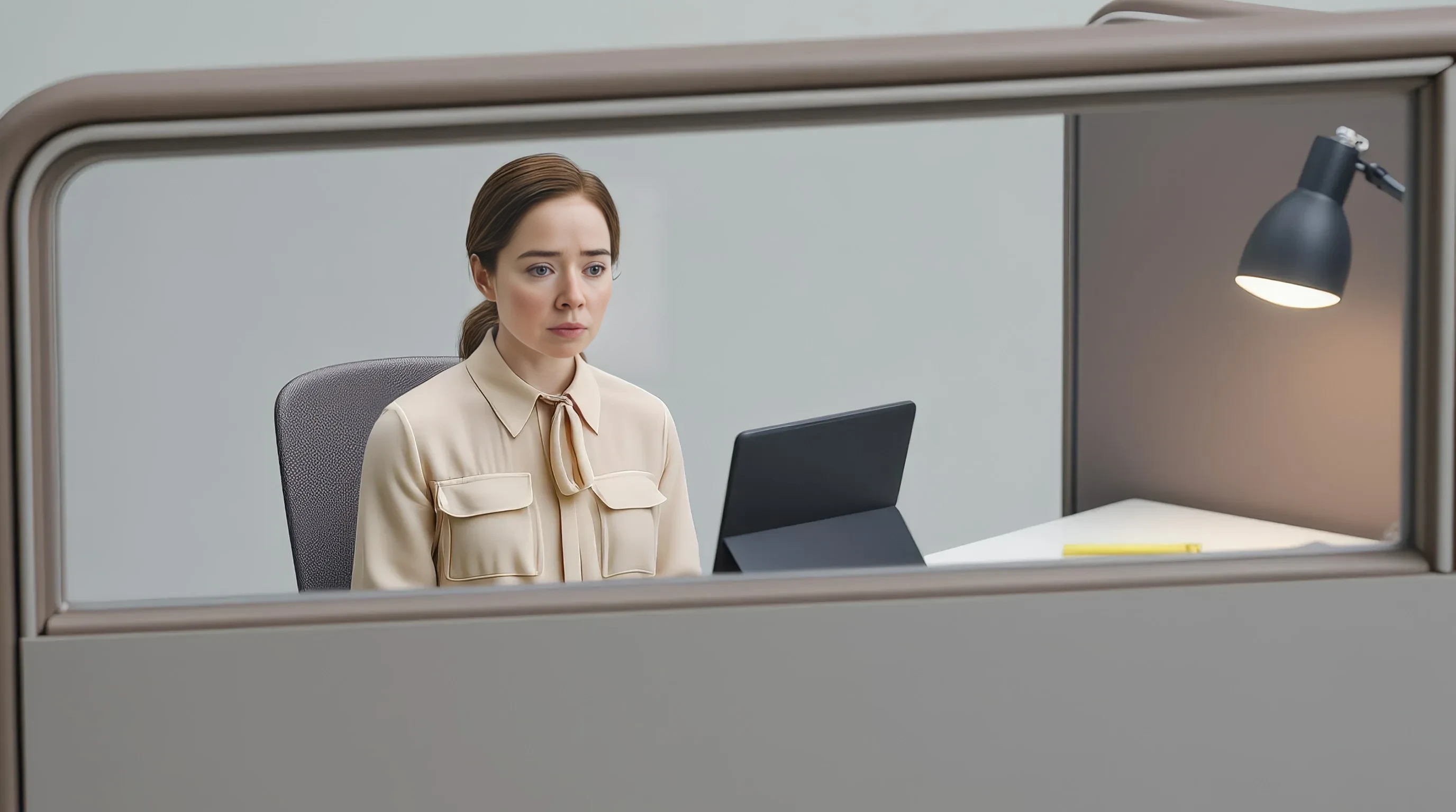 Woman inside a minimal office cubicle 