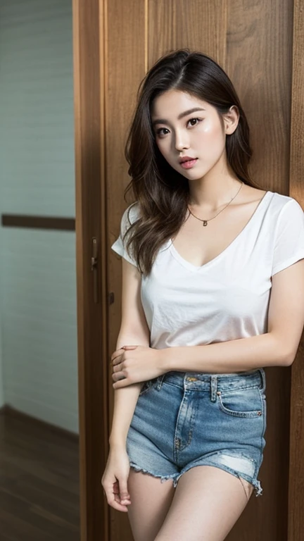 A young korean woman big thigh with medium messy brown hair and a serious expression sits on the floor indoors, leaning against a wall or mirror. She is wearing a dark shirt with text, left open show her bare large chest, also wearing denim shorts, with visible Calvin Klein underwear. She has tattoos on her left arm and is accessorized with a watch, a bracelet, and a necklace. The lighting is dim, creating a moody and intimate atmosphere. Her pose, with one hand touching her neck and the other resting on her knee, adds a sense of casual yet intense focus.