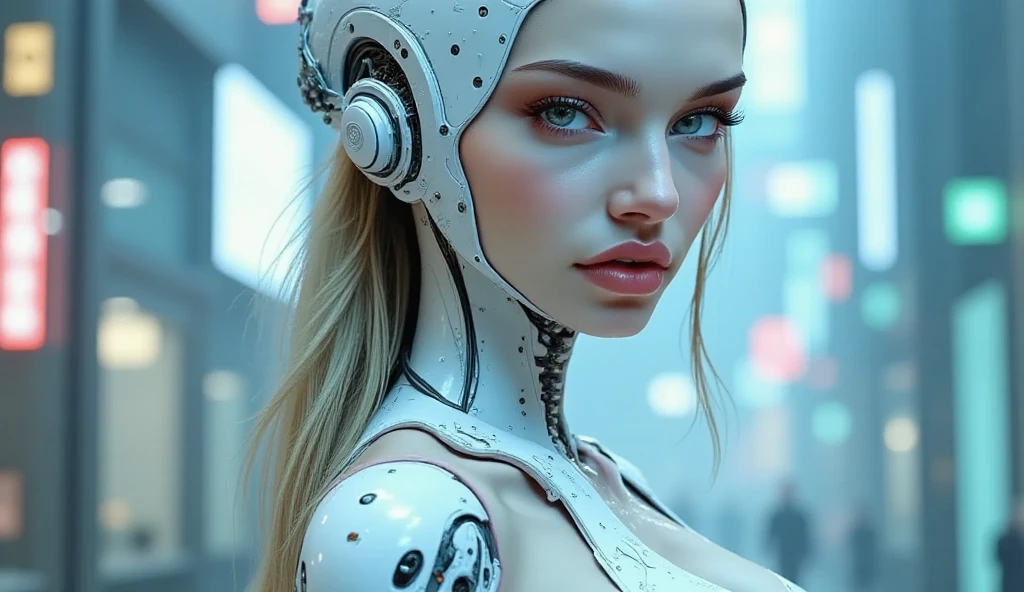 Translucent ethereal mechanical girl,futuristic girl,Mechanical joining technology girl,futuristic city background