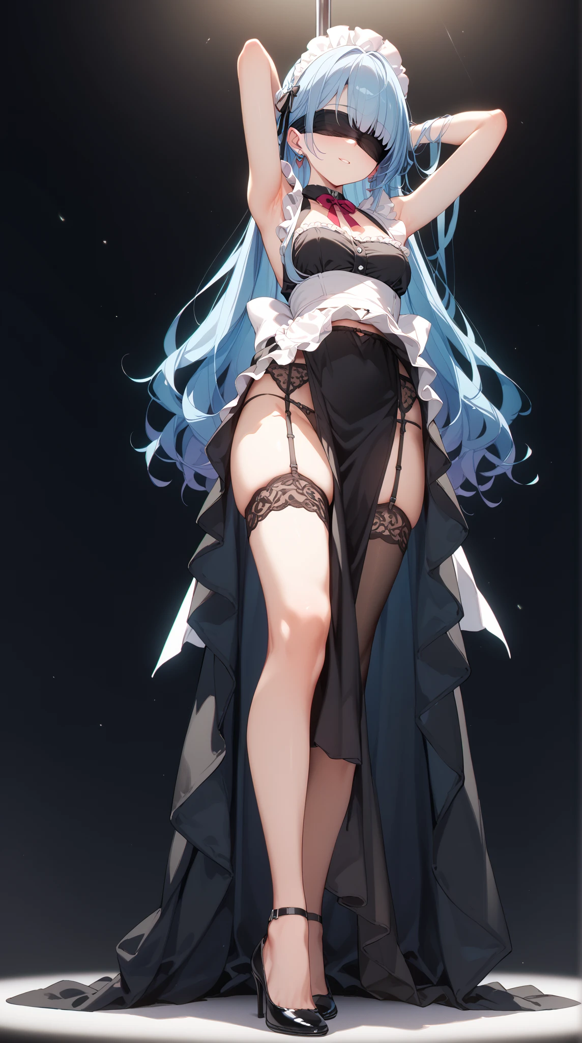 (((Top image quality)))、animesque、silber hair、blue eyess、Full body black tights、((Large breasts、Seductive udder)）、an lingerie、lifelike face、Well-formed face、Sharp face lines、Inviting eyes、Blushing cheeks