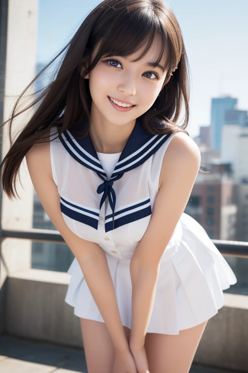 Image resolution 8K、masterpiece:1.3)、cute、1 girl、(魅力的なBody Type:1.2)、abdomen:1.1、Dark brown hairstyle:1.1、(Body Type:1.2)、Ultra-detailed face、Attractive lips、double eyelid、Ultra-realistic and detailed Japanese girl in a white short-sleeved zippered sailor suit and pink skirt、日本人のcute女の子、10th Generation、 (16 yeat view and large fireworks in the background、Breast Size: 82cm、Smiling with a nice smile、color々Hair style、Hair blowing in the wind、