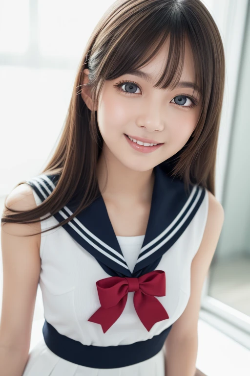 One girl, alone, masterpiece, highest quality,
The Irregular at Magic High School, mitsui honoka, Honoka Mitsui, Purple eyes, Brown Hair, Medium Hair, Twin tails, low Twin tails, Swept-apart bangs, , serafuku, clavicle, Sailor collar, blue Sailor collar, neckerchief, red neckerchief, No sleeve, No sleeve shirt, White shirt, Bare arms, Crop top, Crop top overhang, Cropped shirt, Skin dents, chestの谷間, Tight clothes, large chest, abdomen, belly button, skirt, blue skirt, miniskirt, pleated skirt, Knee socks, zettai ryouiki, loafers, chest,
wariza, Sitting, Put your hands on your knees, From above, look up, View Viewer,
blush, smile,
Outdoor, Grass