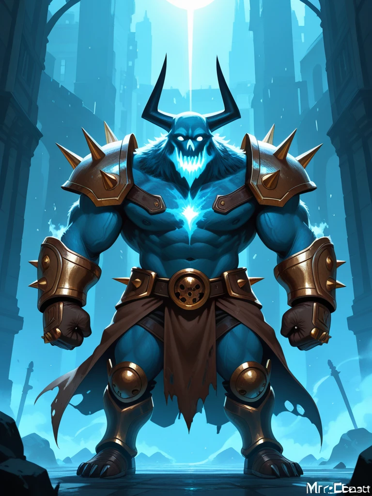 A scene of a blue fire giant bashing the gates of a castle down detailed scene