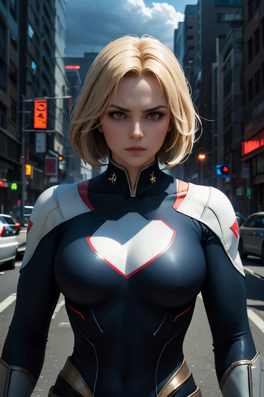 Powerful Girl's Uniform, preto, retrato realista, cinematic lighting, detailed facial features, intense expression, pose poderosa, dynamic action , urban city background , dramatic cloudy sky , neon lights, advanced 3D rendering , fotorealista, 8k, HDR, studio lighting, detalhes ultrafinos, sharp focus, cores vibrantes, cinematic bokeh design