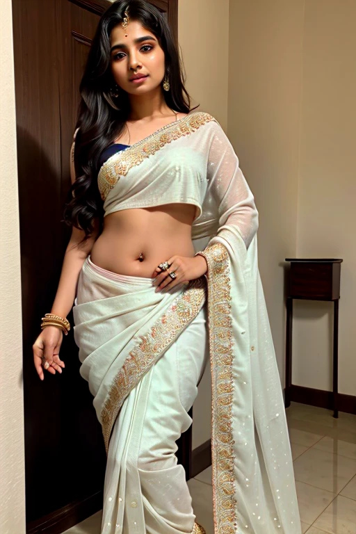 Tamil Nadu sexy chubby face and fit body aunty at age of 20 in Punjabi transparent sexy peacock-green half-saree and long transparent sexy peacock-blue skirt with headphone and showing her sexy full body structure while studying book in her room