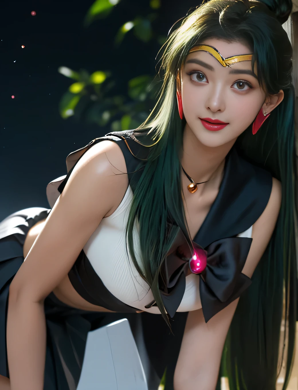 Ful:1., ((shy smiling flirting)) 、De baixo、((battle stance))、SEXY Model Dynamic Pose、dynamic nail、propriedade_Uma equipe,((pele escura:1.5)),(maternal,housewife,1 female,)、40 anos、obra prima、..3d、realisitic、Ultra Micro Photography、superior quality bathtub、Ultra detailed CG unity 8k wallpapers、(sailor pluto,Single Pan Hair Tiara Uniform Sailor Senshie Gloves Skirt),((Sailor Pluto uniform,SetsunaMeiou, Luxurious golden tiara on the forehead:1.4、Mini black pleated metallic skirt:1.2、Huge dark brown bow on the chest:1.3、Black gloves on the elbows:1.1、Large black collar、Red brooch,Luxury Gold Decoration,Key Chase Accessories at the waist))、intricate details、((single ponytail,Incredibly long very long green hair:1.hiny beautiful straight long very long green hair:1.2)),(red-eyed,cabelo_bom, Meishaonv)、(Uniforme Sailor Senshi、bare arms:1.2、Mangas,Long white latex gloves with luxurious golden decoration:1.3、very large dark brown bow behind the waist:1.1、 Sexy and boldly large neckline、Gold ring shaped earrings,Knee-length long boots in glossy black with luxurious gold décor), (Hmjupiter,horse-tail, Tiarra, jewelries, Uniforme Sailor Senshi, Gargantilha, Elbow Woods, ),I have a giant key wand,(Slim Fitted High Gloss Silver-White Holographic Leather:1.3,Silver and sexy white gravette high-leg swim dress)、 ((very pretty face、Face Details:1.5、Beautiful expression of glowing red eyes、Olhos belos、glowing eyes trees、thin lips:1.3、thin, sharp, pale eyebrows,、long dark eyelashes、Double eyelashes))、Luxurious huge white winguscular muscles:1.2、 muscular abs:1.2、、huge breasts 、big woman,alto,Perfect tall and glamorous proportions、thick thighs,big ass,Visible Pore、perfect hand:1.5、highly dramatic picture、Strong natural light、perfect sunlight and shadow、Lightning space background galaxy, (((standing)) ,((( leaning forward))) , dinámic camera angles