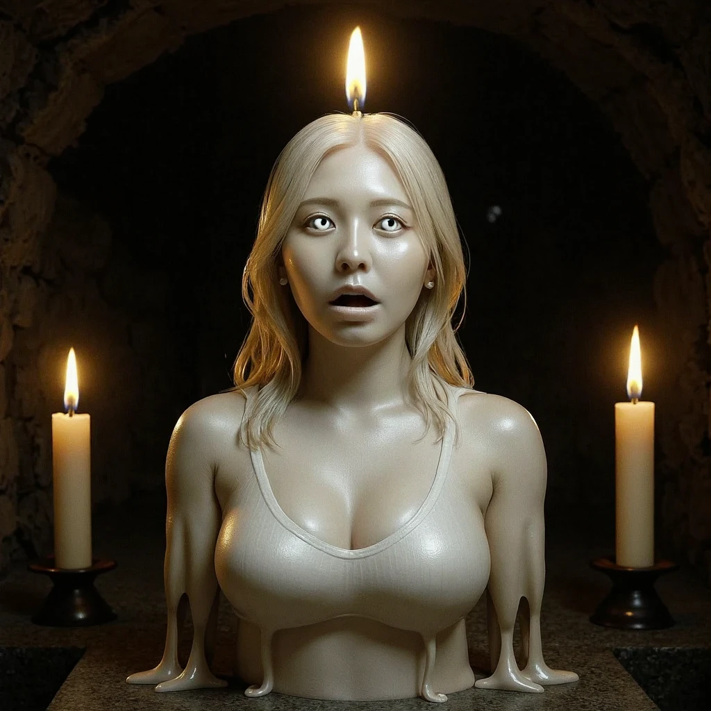 8K, photorealistic, erotic photography of a naked Japanese witch doing demonic dancing inside an ancient temple, beautiful actress Li Bingbing as a nudist witch (doing demonic dancing:1.5), (surrounded with many skulls:1.5), (dynamic dancing pose:1.5), (Li Bingbing face:1.3), (beautiful thin face:1.3), gothic makeup, beautiful eyes, vicious gaze, sexy lips, horny smile, (wavy long silver hair:1.3), skinny body, six-pack abs, (wearing torn and open kimono:1.3), showing her enormous and voluptuous breast, areola protruding, errect-nipples, skinny legs, spreading legs, very wide open crotch, (showing her very dense pubic hair:1.5), (showing her very wide open vagina hole:1.3), background is a plain black wall, takato yamamoto aesthetic, chie yoshii, hone onna skeleton geisha, japanese gothic, by Otake Chikuha, style of takato yamamoto, eiko ishioka, sorayama. occult art, by Yuko Tatsushima, by Yuki Ogura, japanese horror, gritty, dark and cinematic, (view from bellow:1.3), highly detailed, film grain, cinema cam, narrow depth of field, best quality, masterpiece