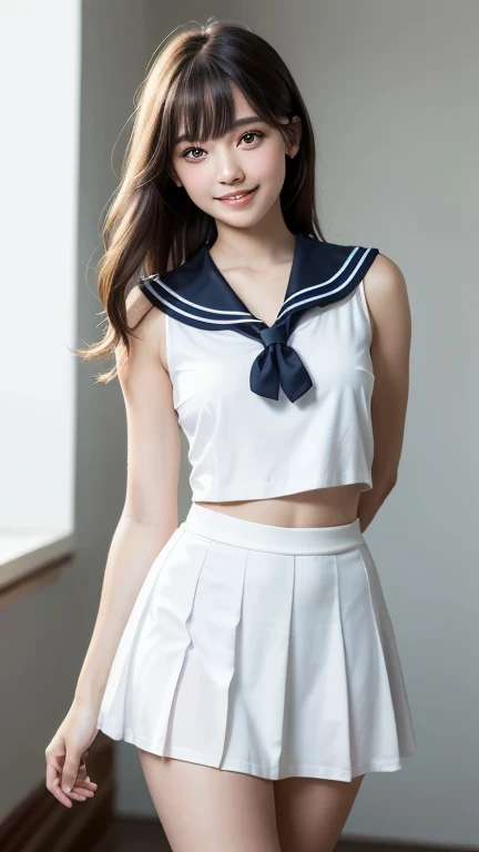 (masterpiece, 高いest quality:1.2), 8k, Official Art, RAW Photos, Unbelievably absurd, (Sleeveless sailor suit、Pleated skirt:1.4), A stunningly beautiful 16-year-old girl,((Put your hands on your head、Armpits are visible))、驚くほどかわいいsmile,(((The front of the shirt is open、Beautiful breasts are visible)))、smile、 (Pleated skirt:1.1), close, , Short sleeve, smileで聴衆を見てください, No makeup, Film Grain, chromatic aberration, Sharp focus, Face Light, Dynamic Lighting, Cinema Lighting, Detailed eyes and face,short hair、(((White skin)))、Bright bedroom、super slim t高いs、((Her cute light blue panties are visible through、Beautiful crotch))、((((both hands)))),((((Very young looking girl:1.3))))、(Very young and busty:1.2)