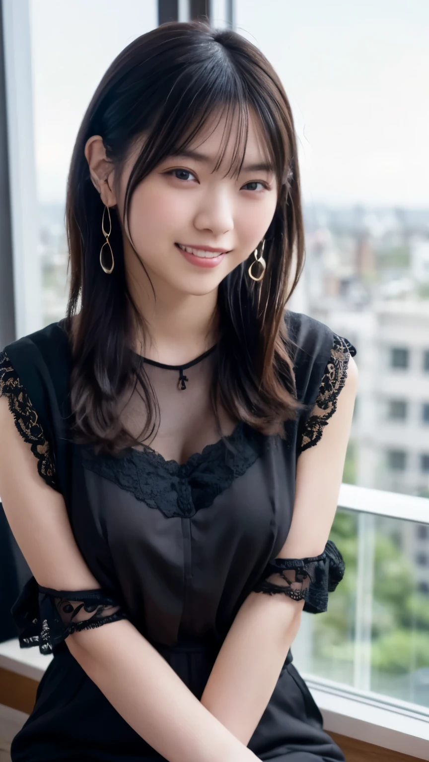 1girl, solo, highres, best_quality, masterpiece, detailed_background, intricate_details, beautiful, fukuoka, nakasu, river_view, nightlife, modern_fashion, casual_clothes, smile, looking_at_viewer, dynamic_pose, natural_pose, candid, happy