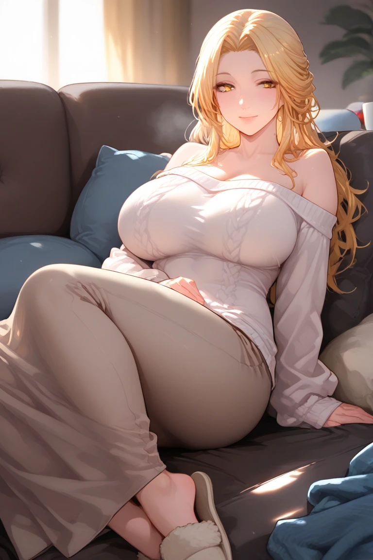 Best quality, masterpiece, ultra high res, raw photo, beautiful and aesthetic,deep shadow, dark theme,(ultra detailed:1.3),
1girl, dynamic pose, Headdress, (beautiful face, detailed eye:1.2), embarrassed, (busty breasts, gigantic breasts:1.1), drill hair, long hair, blonde hair, gradient hair, yellow eyes, solo, big hair, blue hair, divine goddess, looking at viewer, indoors, royal palace, medieval bedroom, astraea, full body, cococola,sweater,underwear,panties,