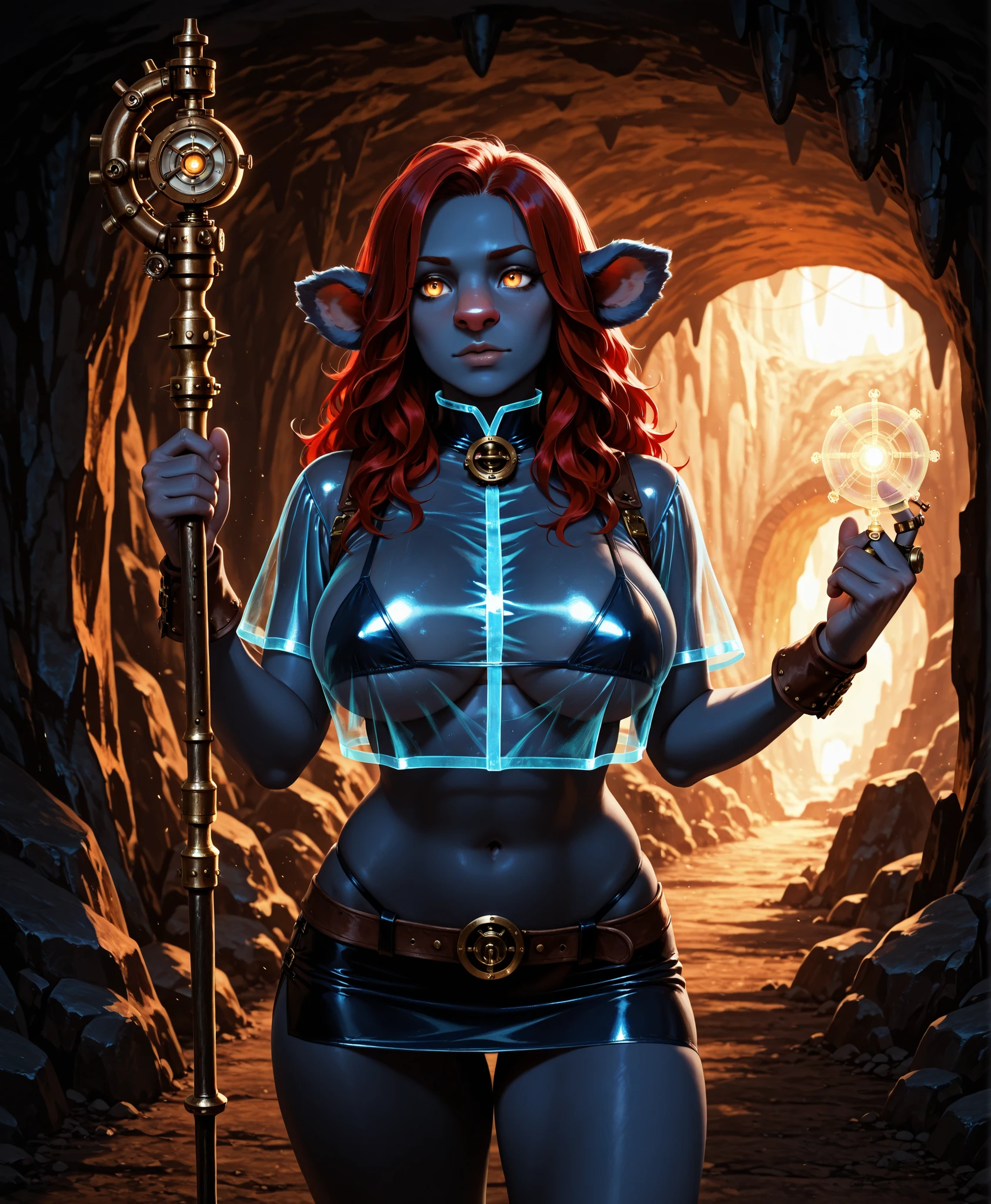  Firbolg,solo, dnd race,dark blue leather, red hair, long hair, Firbolg, fluffy, big nose, animal ears, yellow eyes,  dark blue fur, animal ears,Firbolg, dark blue skin, standing, perfect eyes, very large breasts, massive breasts,  navel, steampunk,  transparent holographic crop top, transparent  Holographic  very micro Skirt  , mini bra , staff in hand,  extreme detailing, hyperrealism, cave , steampunk, hdr, 8k  