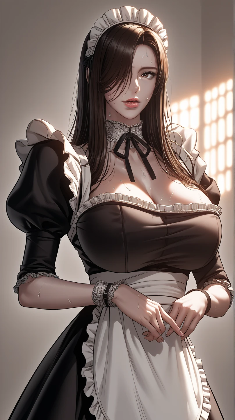 25 year old human girl with Mediterranean features, very long black hair, has super gigantic breasts, slim body, torn blouse that can't contain her breasts, black pleated miniskirt, has a slave collar, each breast is tied with straps ropes, she is standing between two poles her arms are stretched and tied to poles at her sides, in a dungeon she looks proud, a man behind her is groping her